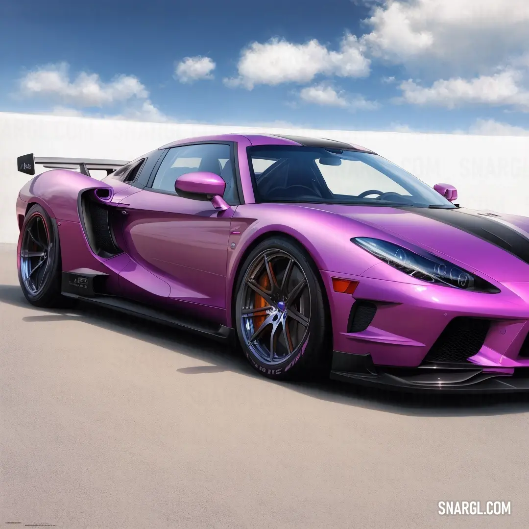 Pink sports car parked on a road with clouds in the background. Color RGB 221,160,221.