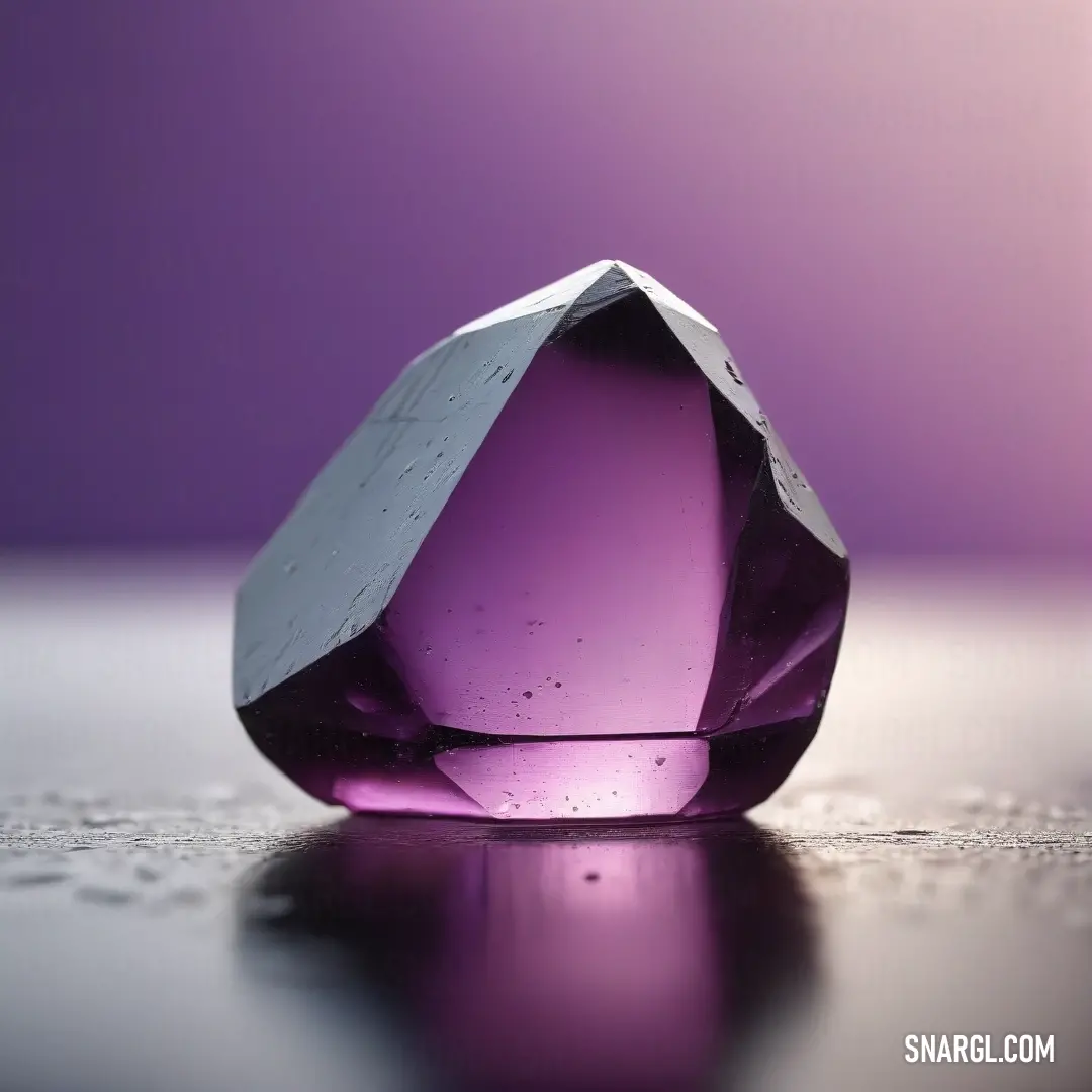 Purple diamond on top of a table next to a purple wall and flooring area. Color CMYK 0,28,0,13.