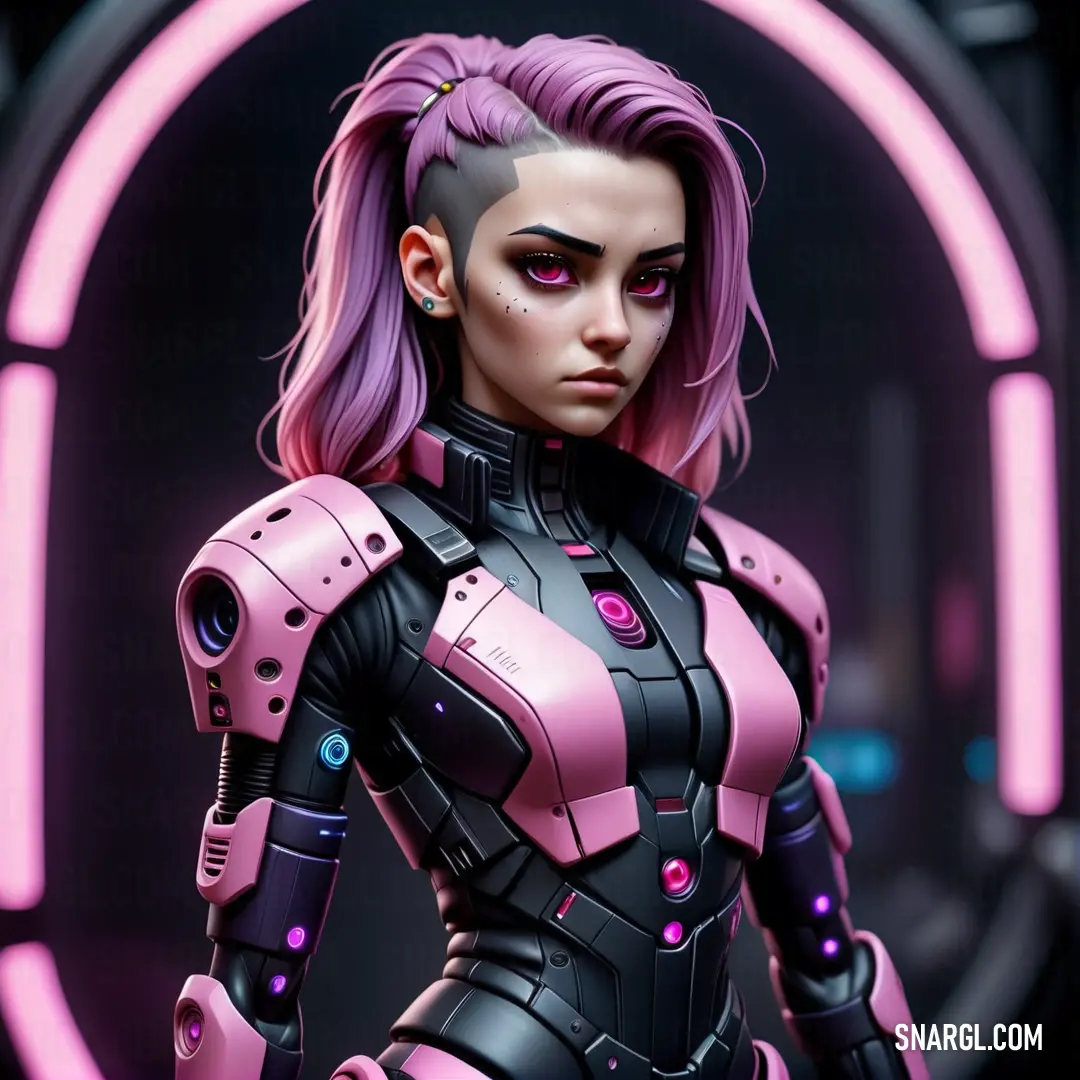 Plum color example: Woman in a futuristic suit with pink hair and piercings standing in front of a neon circle