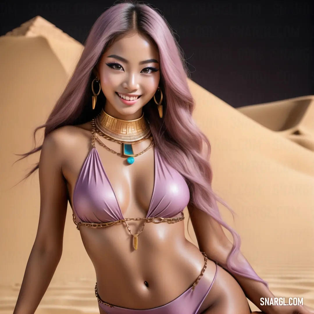 Plum color. Woman in a bikini with a necklace and earrings on her neck and a desert background