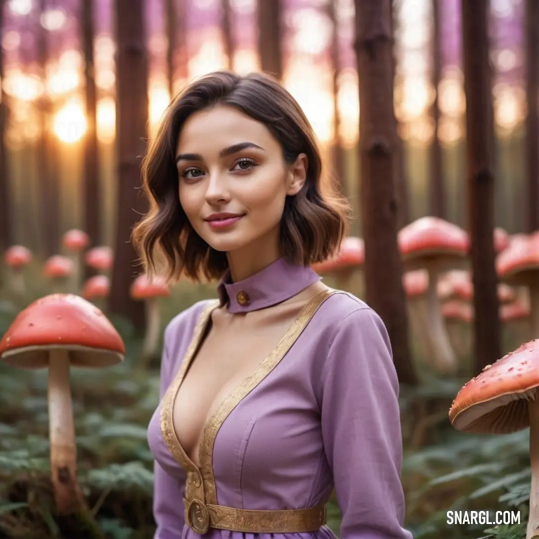 Woman standing in a forest with mushrooms in the background. Example of #DDA0DD color.