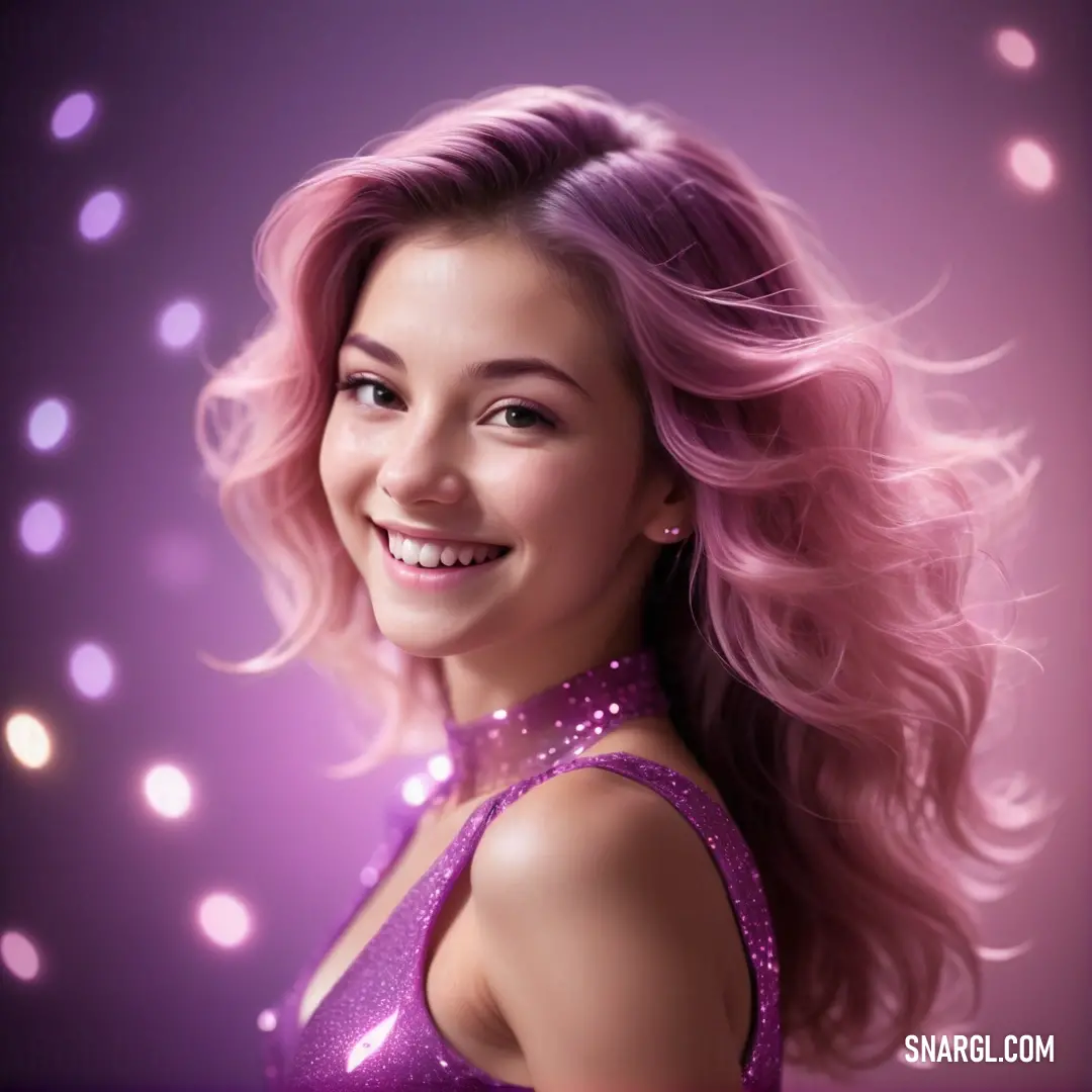 Plum color example: Woman with pink hair and a purple dress smiling at the camera