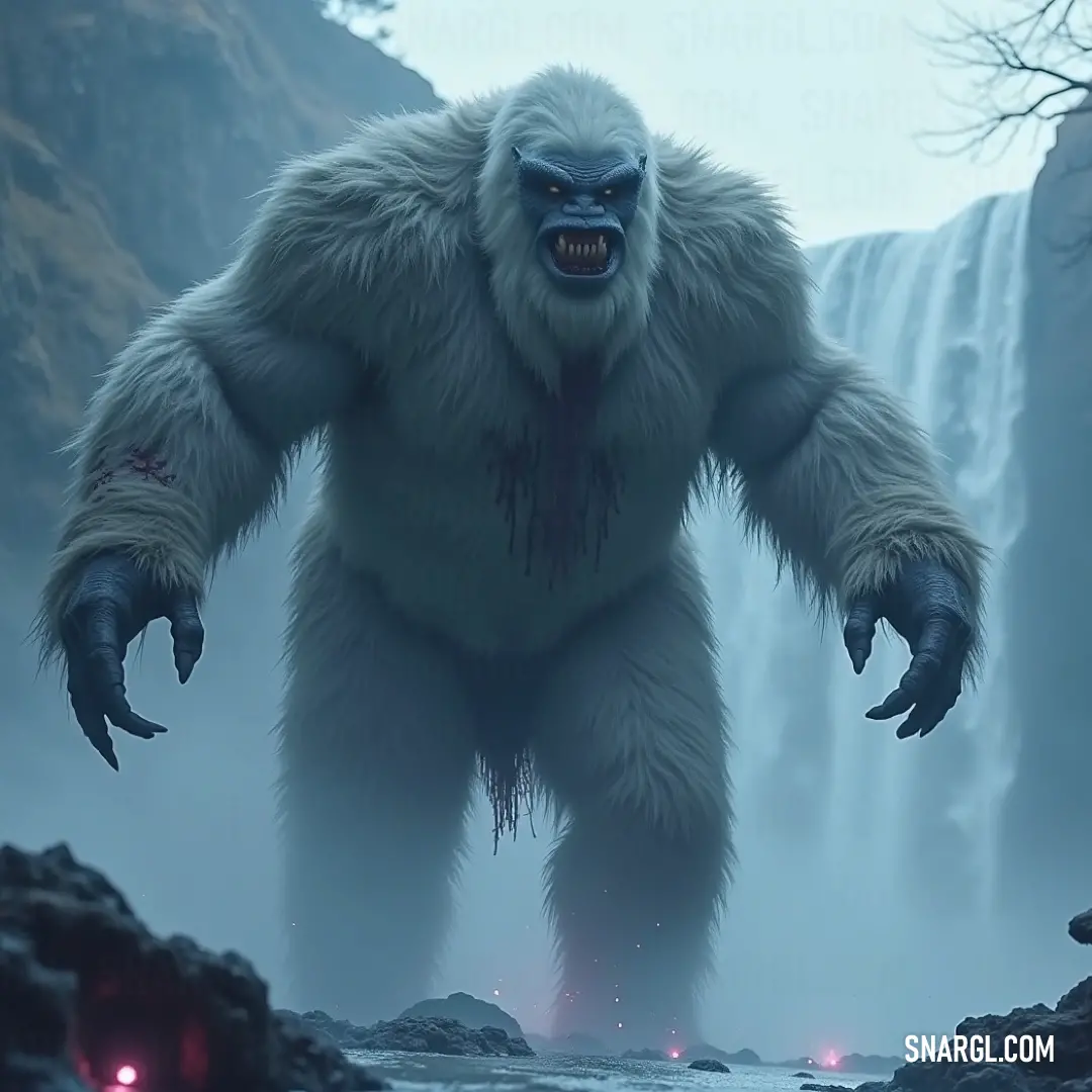 A powerful Polar Giant, holding a red light, stands in front of a roaring waterfall, his figure looming in the wilderness. A towering Polar Giant, with thick fur and a commanding presence, stands before a massive waterfall, gripping a red-lit orb in one hand, his silhouette imposing against the waterfall’s roar.