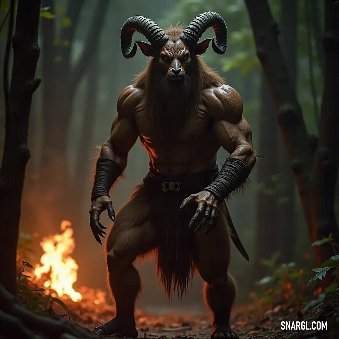 In the depths of the forest, this horned Polemocrates stands tall amidst shadows and flames, capturing the essence of mystery and the battle between light and darkness. An enigmatic horned Polemocrates stands vigil in a dense, shadowy woodland, with flickering flames illuminating the drama, suggesting an untold story of survival and mystique.