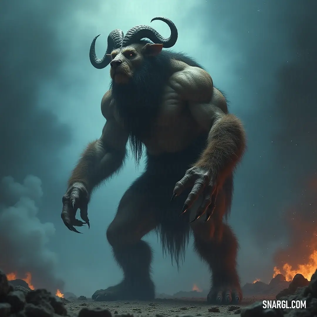 The imposing figure of a horned Polemocrates stands prominently against a backdrop of dark storm clouds and molten lava, embodying strength and elemental fury. A majestic horned Polemocrates exudes power as it stands atop rugged rocks beneath a tumultuous sky filled with swirling clouds and flowing lava, a dramatic testament to nature's raw energy.