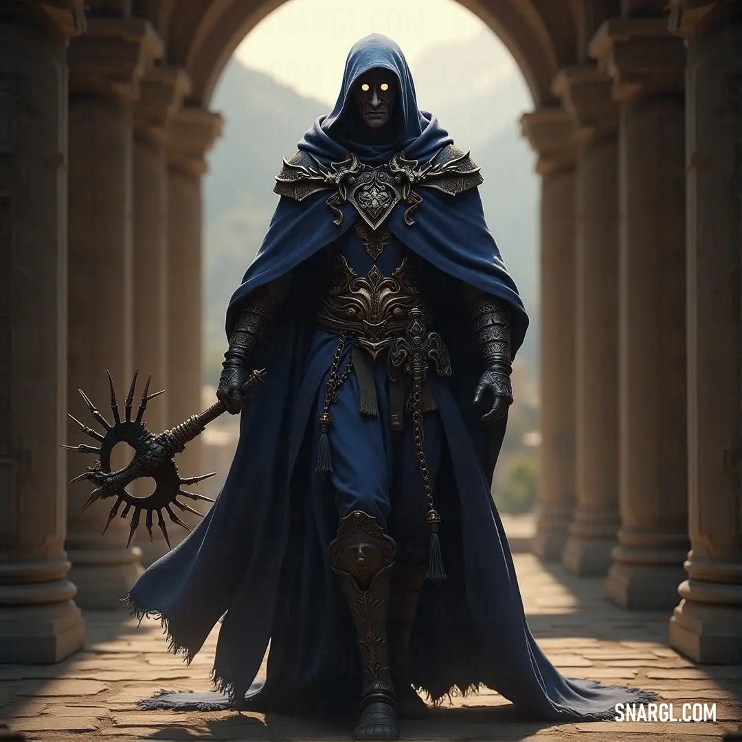 Polgara, in a hooded robe, stands in an archway holding a sword, her presence regal and commanding amidst ancient ruins. Polgara, robed in a flowing hooded cloak, stands in an ancient stone archway. Holding a sword in hand, she exudes both grace and power, ready to face whatever destiny awaits in the mysterious ruins.