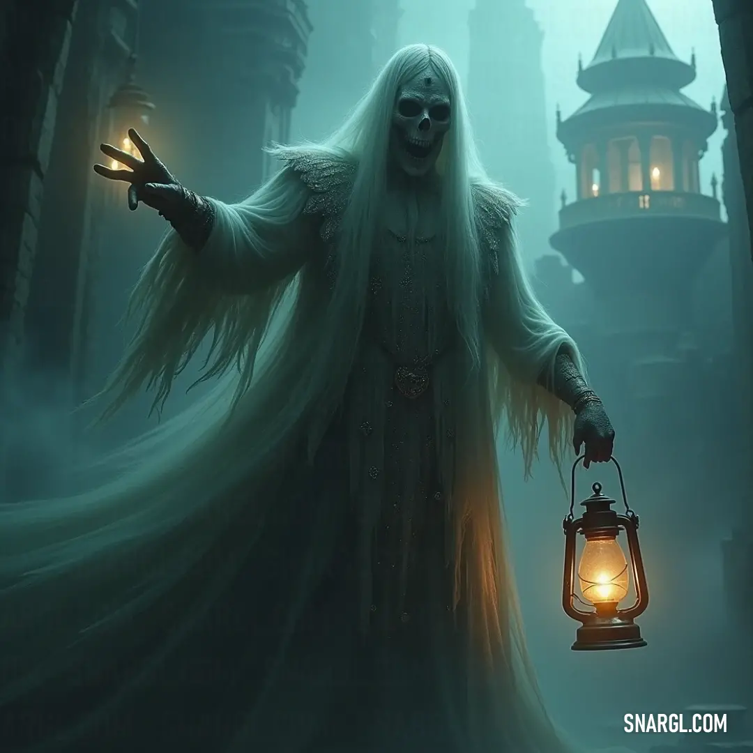 A creepy ghost, glowing faintly, holds a lantern as it walks through a dark alley, with the silhouette of an old castle in the distance, enhancing the eerie feeling. A ghostly figure, with an ethereal glow, clutches a lantern as it moves through a shadowy alley. The faint silhouette of a distant castle looms in the background, adding to the chilling atmosphere.