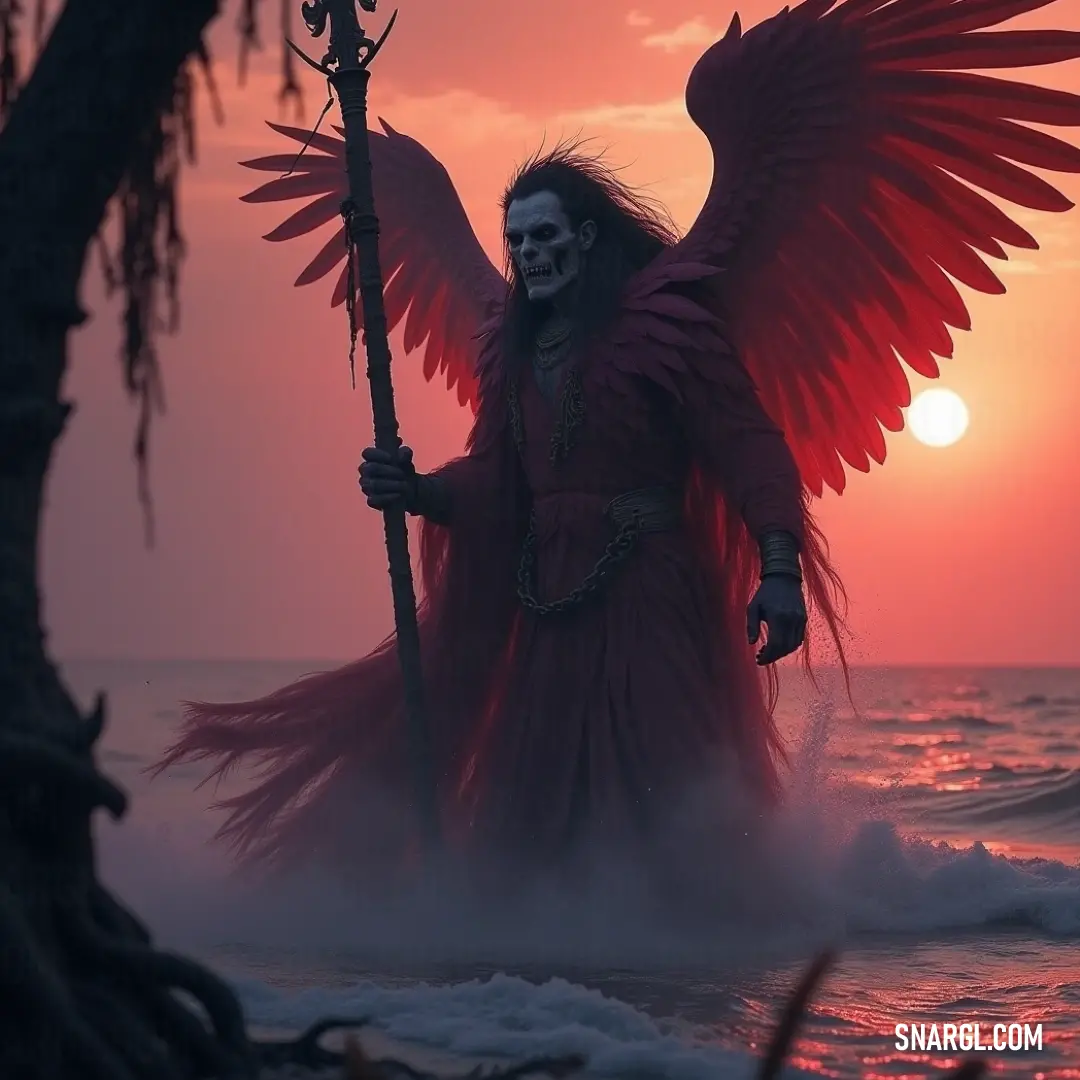 The haunting poltergeist, masterfully captured in twilight, stands in serene waters with a bird companion, wielding a staff adorned with secrets of ages past, conjuring an atmosphere rich in enchantment and ethereal beauty. An enigmatic poltergeist wields a mystical staff amid a tranquil waterscape at sunset, his haunting figure adorned with a skull and a perched bird, embodying the interplay between nature, spirit, and the allure of twilight.