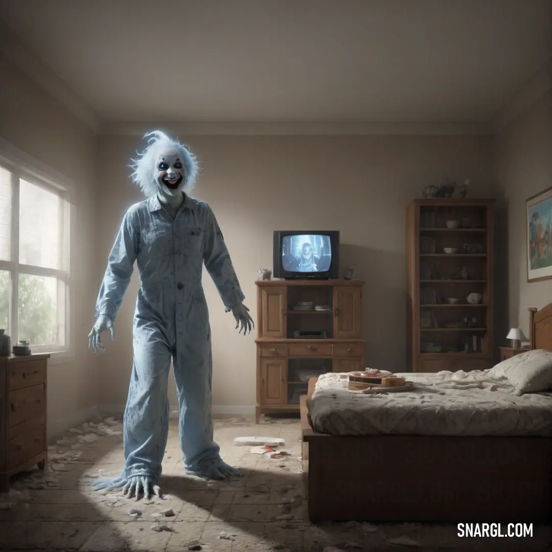 Creepy Poltergeist standing in a bedroom with a tv in the background