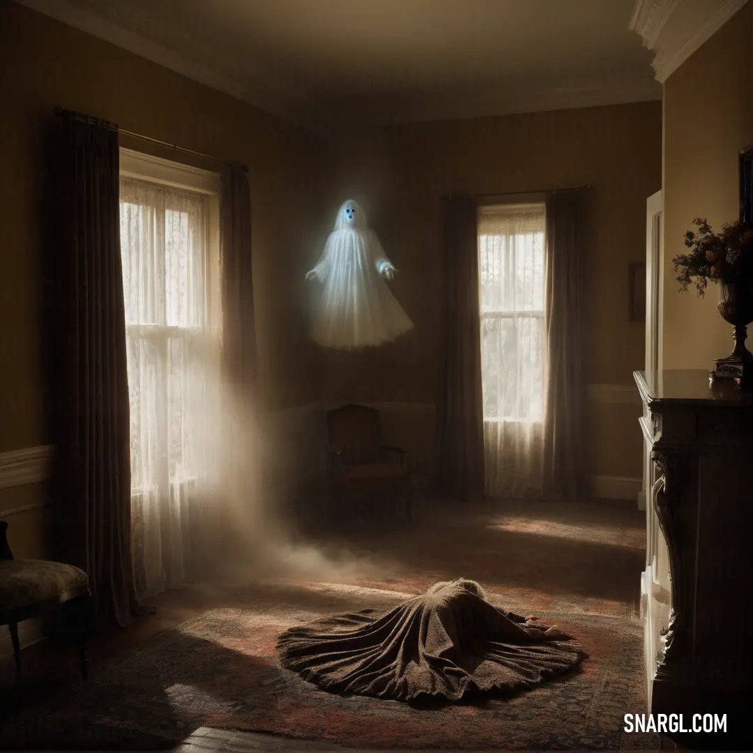 Ghost is standing in a room with a large rug on the floor and a chair in the corner