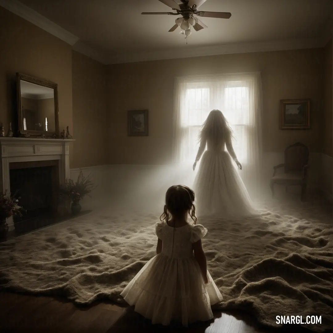 Little girl standing in a room with a big window and a veil on her head