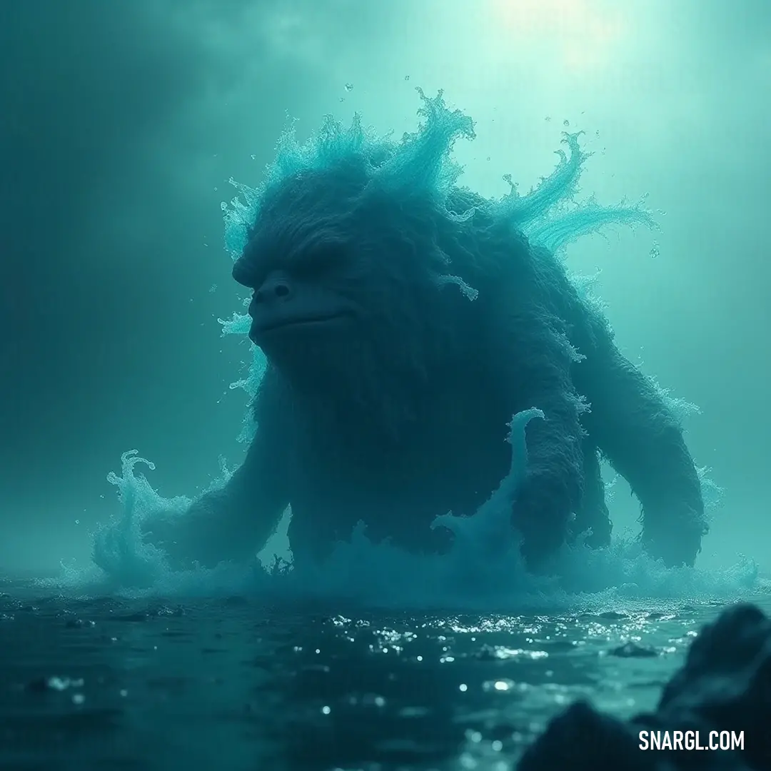 Mighty Bigfoot standing proudly in the water, framed by a vast sky that echoes the mystery of the wilderness he inhabits. A towering Bigfoot stands amidst tranquil waters, his imposing figure silhouetted against a vast sky, invoking intrigue and a sense of wildness in the heart of nature.