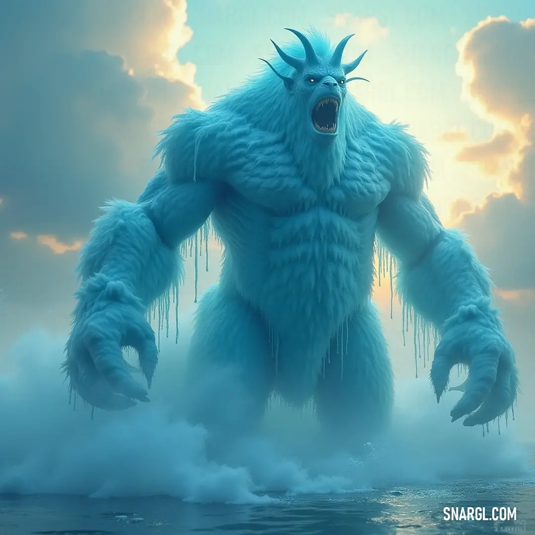 The colossal figure of Pontus, carved from ice, looms majestically in a tranquil body of water, his mouth wide open in a silent roar and hands stretched outward, as if welcoming all to the frozen wilderness that surrounds him.