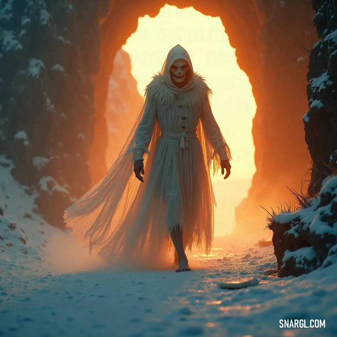 Popper the Poltergeist traversing a whimsical snow-filled tunnel, guided by a gentle glow. Popper the Poltergeist, clad in a whimsical costume, makes his way through an enchanting tunnel, illuminated by a soft light that casts playful shadows, creating a mystical ambiance surrounded by snow.