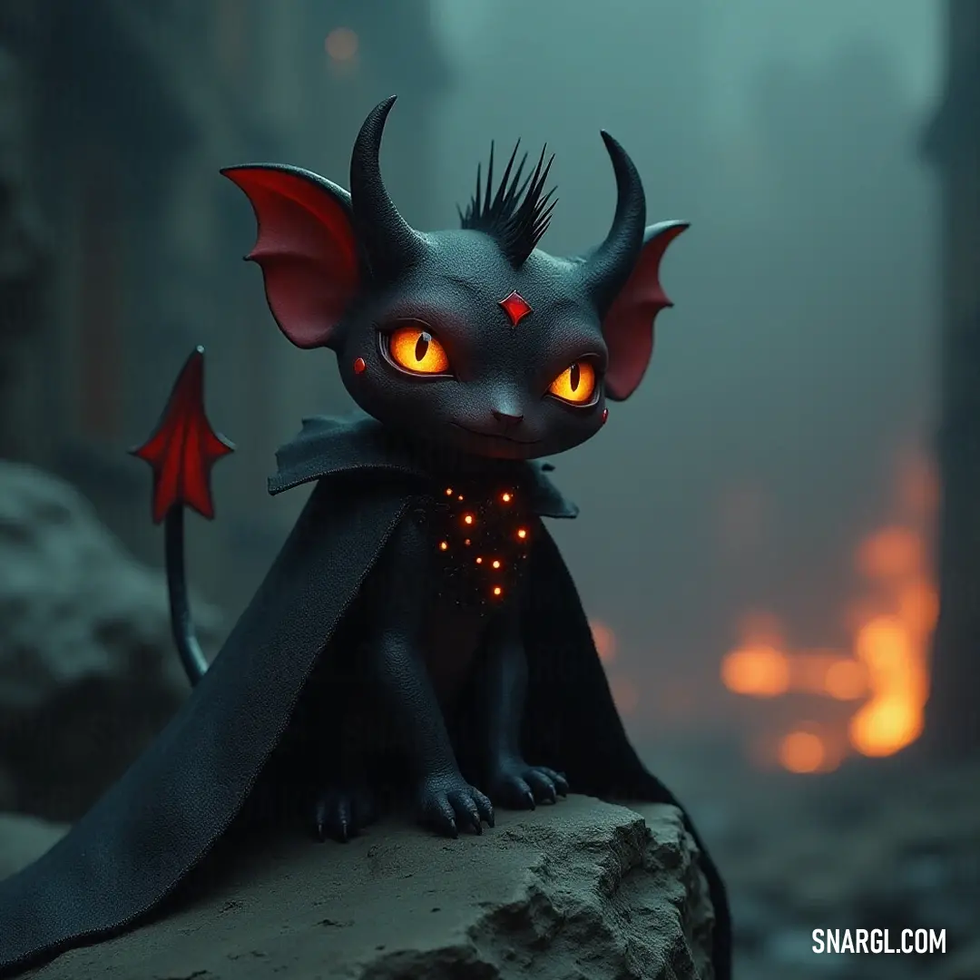 A determined Poppy with glowing eyes and a majestic cape stands tall in a dark city, surrounded by fiery elements that enhance his heroic stance. Poppy, adorned with a flowing cape and glowing eyes, stands resolute on a rock in a dark city, with vibrant flames illuminating the chaotic and dynamic backdrop around him.