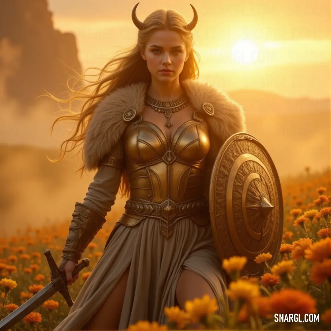 A warrior in a horned helmet stands strong in the field, shield and sword in hand, ready to face whatever challenges come her way. A fierce warrior, holding a shield and sword, stands in the middle of a field. Her horned helmet and determined stance make her a formidable figure, ready for battle as she faces the world with resolve.