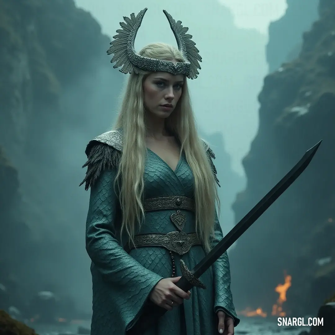 A noble warrior in a flowing green dress, brandishing a sword and adorned with a striking horned headdress, ready for battle. A noble warrior dressed in a flowing emerald gown, wielding a gleaming sword, her horned headdress complementing her fierce determination against a backdrop of adventure and mystery.