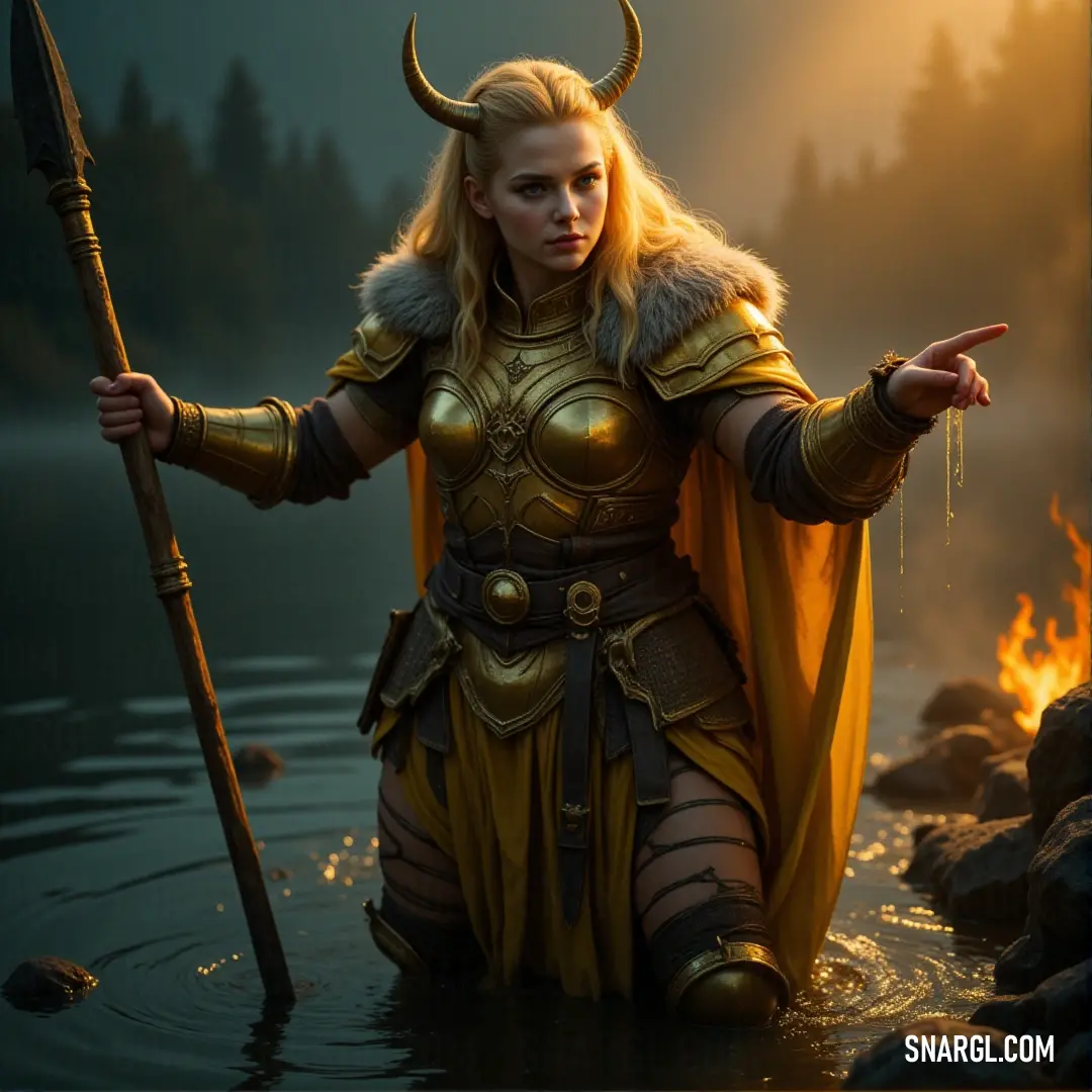 A regal figure dressed in a horned costume, holding a powerful staff, standing waist-deep in calm water. Behind her, a fire burns brightly, casting its light on the surreal scene of water and flame in perfect harmony.