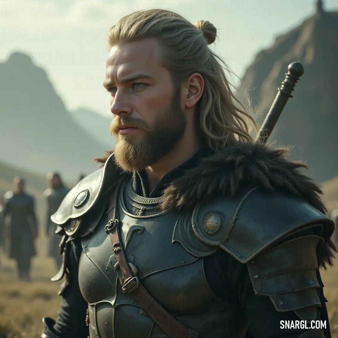 Clad in shining full armor and wielding a powerful sword, Þórr stands unfaltering against a backdrop of determined followers, representing courage and unity in battles for justice and honor.