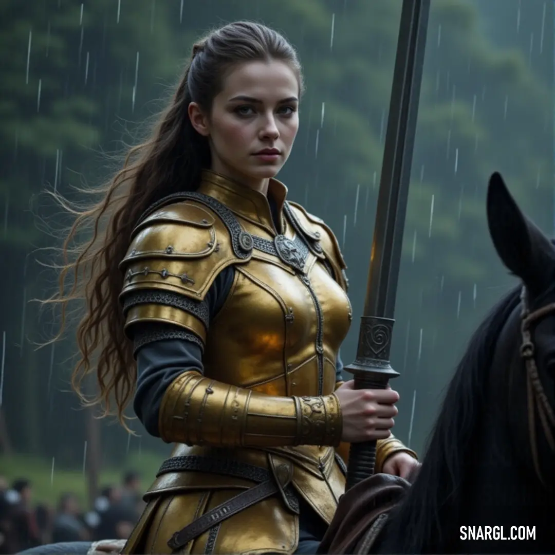 A golden armored rider, braving the rain with sword raised high, leading a crowd in a moment of determination and strength amidst the storm. A mighty figure dressed in shimmering gold armor, riding a horse through a torrential downpour. The sword she holds high gleams, contrasting with the crowd of people gathered behind her, watching in awe as she leads the charge.