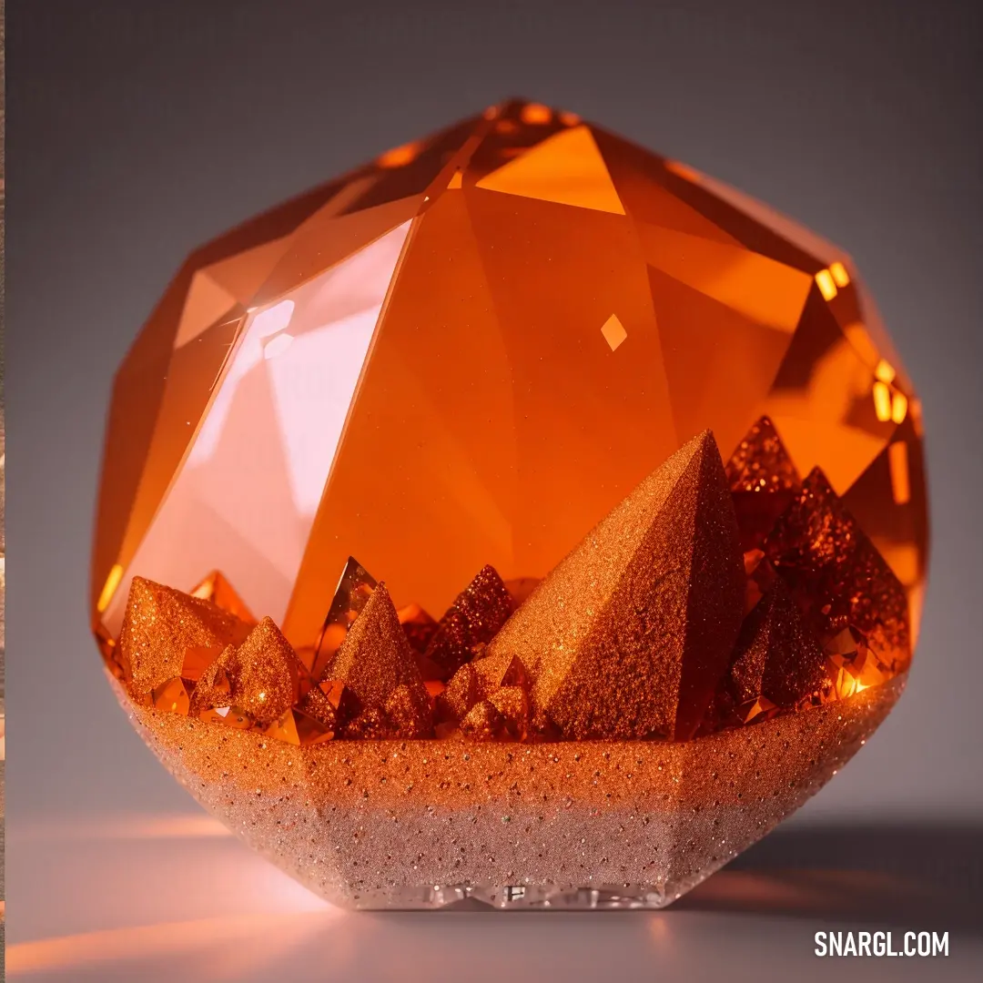 Large orange diamond on top of a table next to a wallpapered wallpapered wall