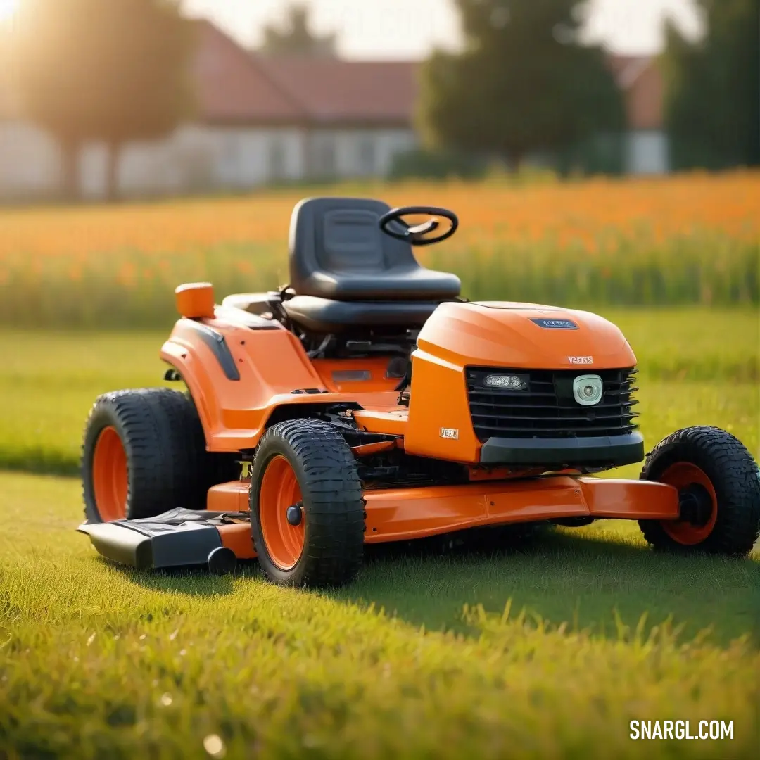 Lawn mower in the middle of a field of grass with a house in the background. Example of RGB 255,90,54 color.