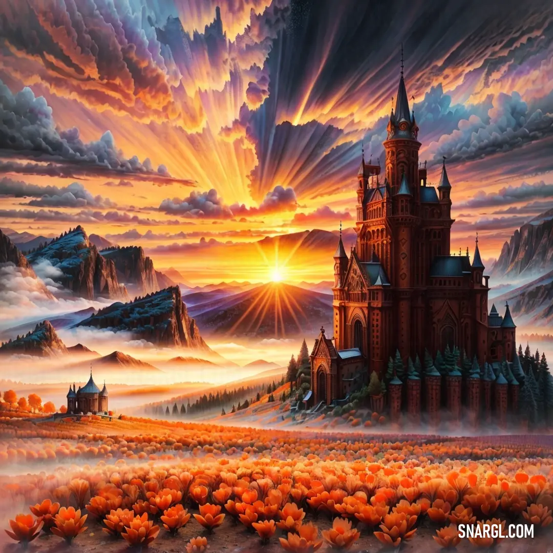 Painting of a castle in the sky with clouds and flowers in front of it and a sunset behind it