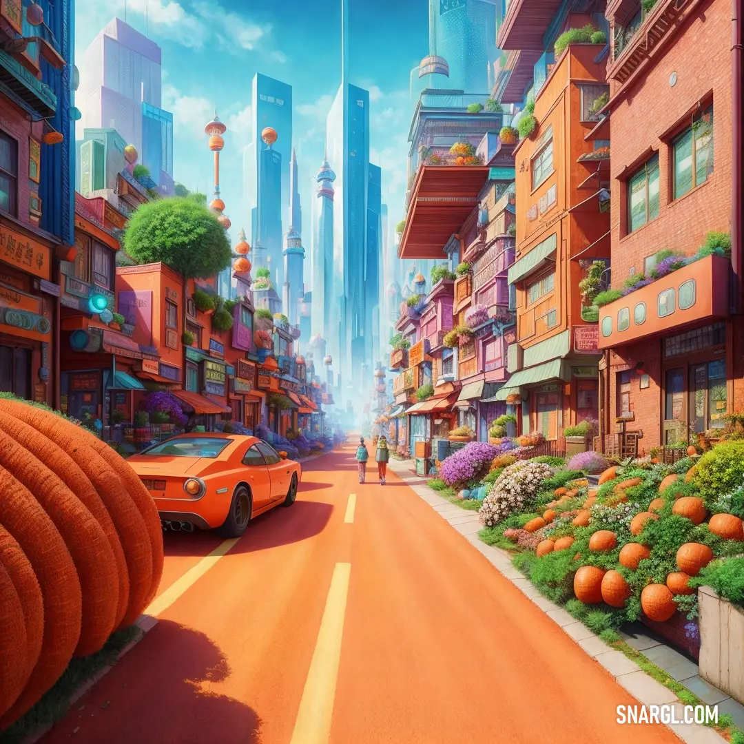 Painting of a city street with a car driving down it and a pumpkin in the foreground of the picture