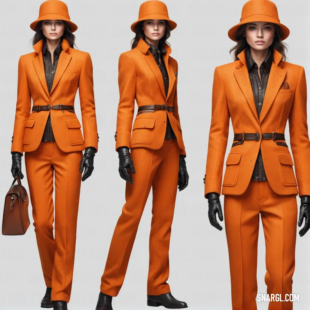 Portland Orange color example: Woman in an orange suit and hat with a purse and purse on her shoulder