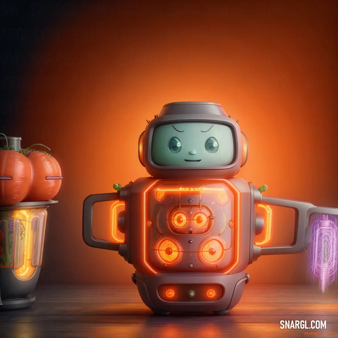 Robot with a glowing head and arms next to a cup of coffee and a pumpkin on a table