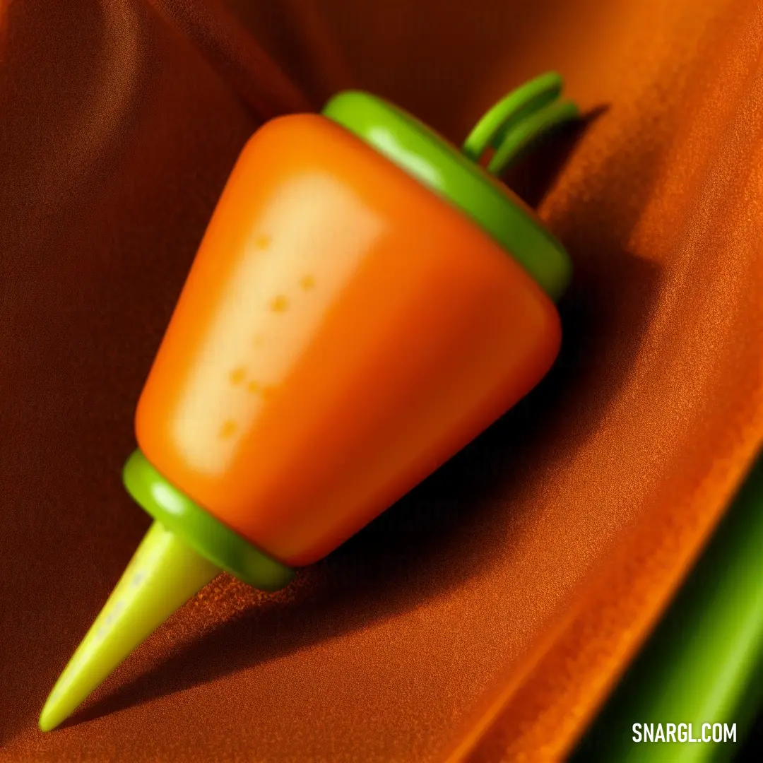 Small toy carrot on a green stem on a orange cloth background with a green stem sticking out of it