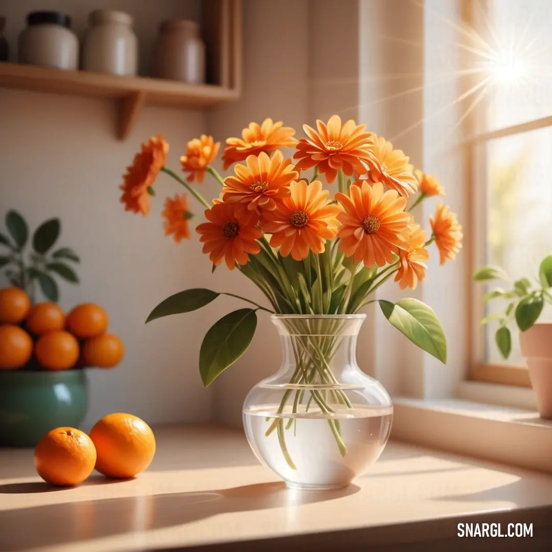 Vase of orange flowers on a window sill next to oranges and a potted plant. Example of RGB 255,90,54 color.