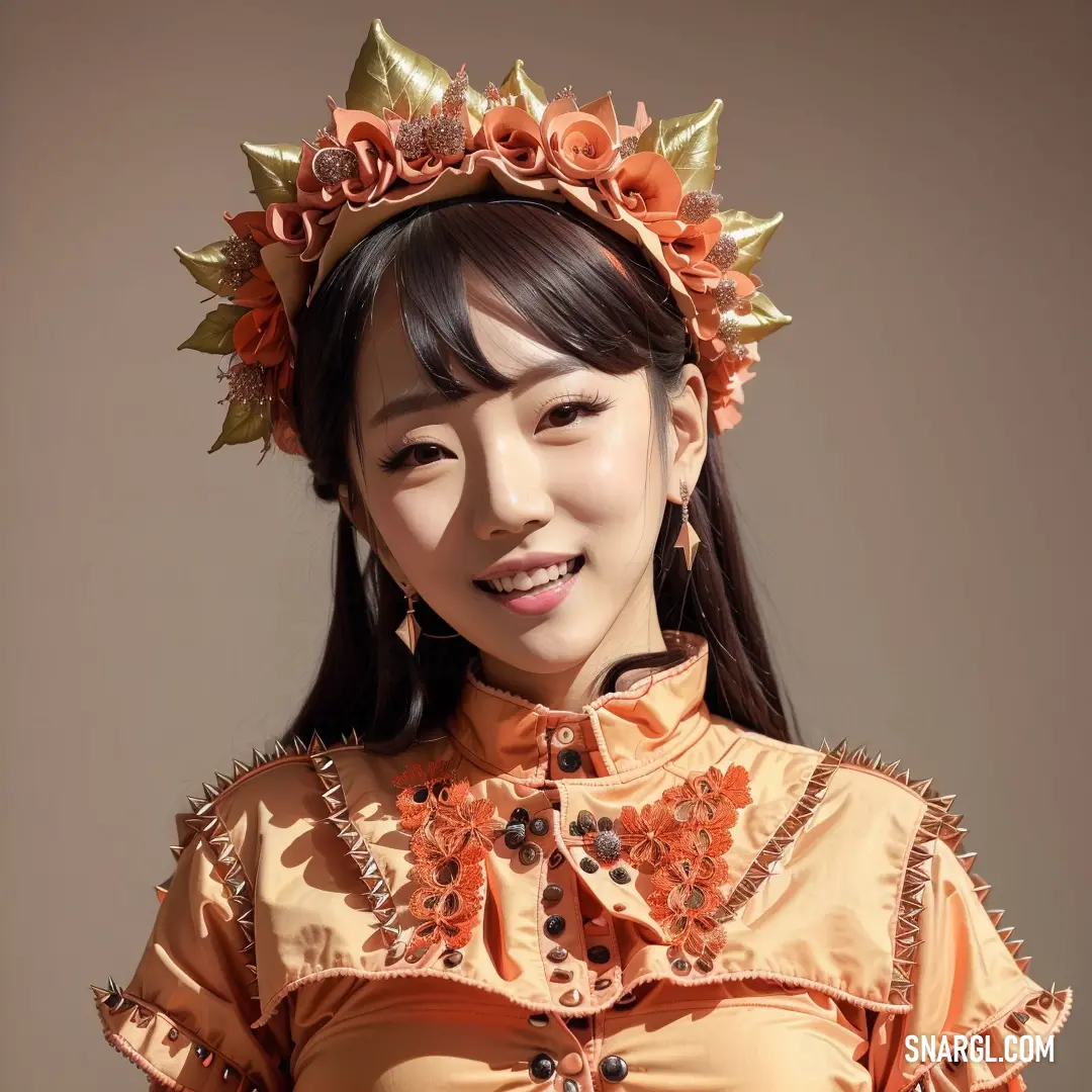 Woman in a orange dress with a flower crown on her head and a smile on her face