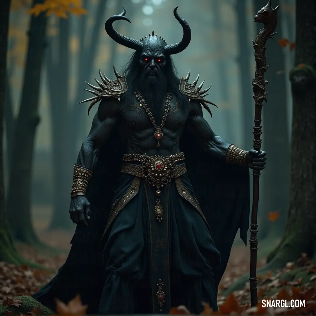 A powerful being in a horned costume, standing tall with a staff in a mystical forest, where leaves cover the ground and the towering trees create an air of ancient mystery. A mythical figure dressed in an elaborate horned costume, holding a staff, stands surrounded by a dense forest. The forest floor is scattered with fallen leaves, and the trees tower above, creating a magical atmosphere.