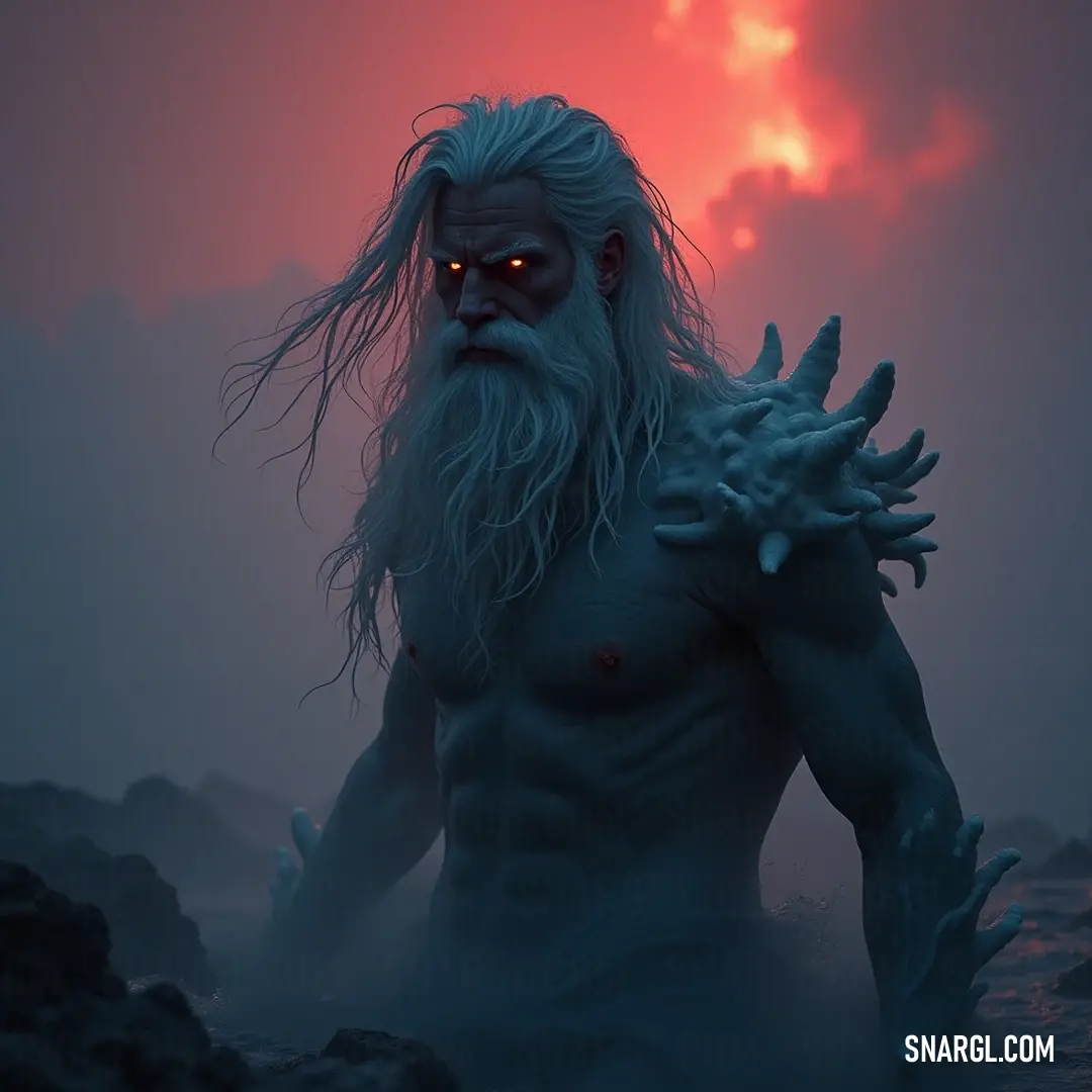 An imposing portrayal of Poseidon reveals a fierce countenance, adorned with a beard that signifies strength, as he envelops himself in an aura of raw power and control over the tumultuous skies and seas. A powerful figure known as Poseidon stands tall with an intimidating expression, his bearded visage reflecting strength and authority, hands clasped, surrounded by an aura of intrigue and a sky that hints at the storms he commands.
