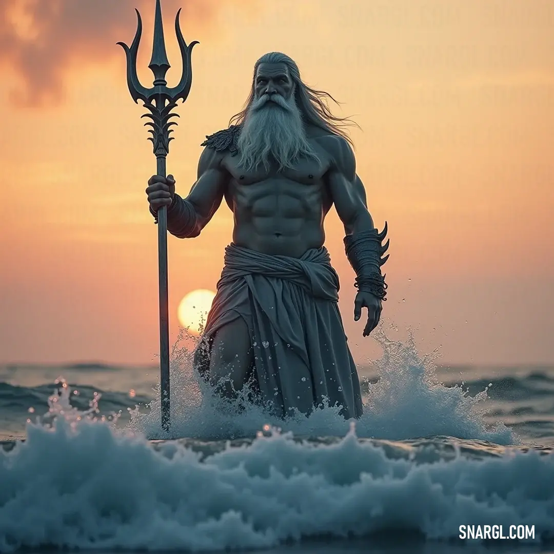 Mighty sea god portrayed with a flowing beard, wielding a powerful staff against the ocean's crashing waves at sunset. Picture of an ancient deity with a long, flowing beard, holding a mighty staff aloft as he stands firm in the crashing waves of the ocean during a breathtaking sunset, illuminating the sky with vibrant oranges and purples.