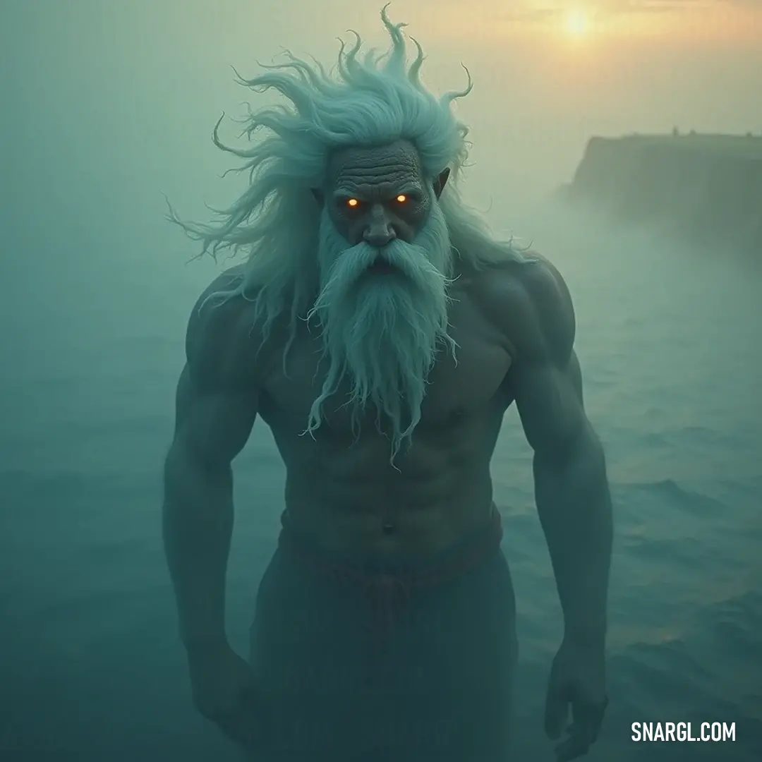 Poseidon emerges from the depths, his presence powerful and serene, with glowing eyes that reflect the mysteries of the ocean, safeguarding the waters with his ancient wisdom. Poseidon, the god of the sea, stands with an air of authority in the water, his glowing eyes piercing through the fog, exuding wisdom and strength against a backdrop of swirling mist and waves.