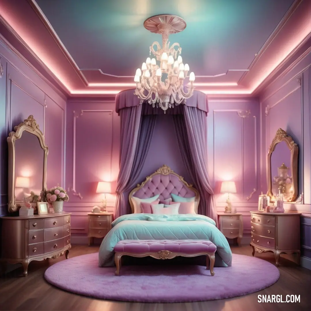 Bedroom with a bed, dressers and a chandelier in it. Color RGB 176,224,230.