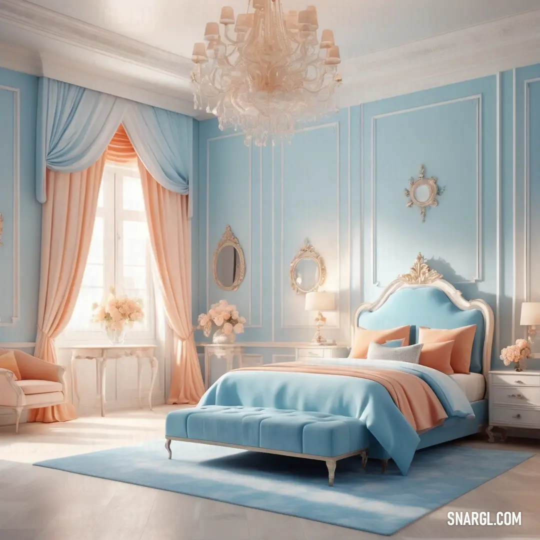 Powder blue color example: Bedroom with a blue bed and a chandelier hanging from the ceiling