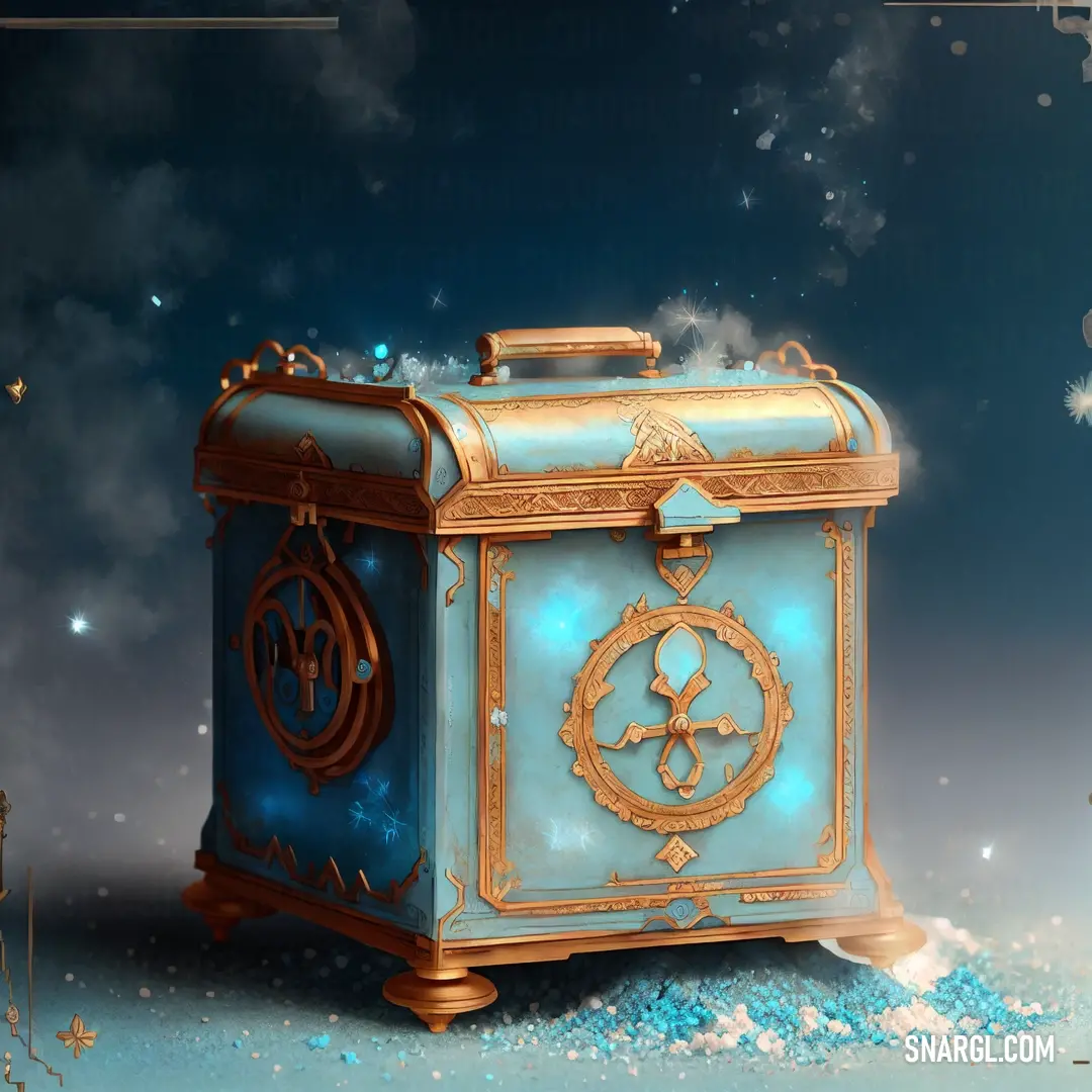 Blue and gold chest with a clock on it and snow around it and a snowflake in the background