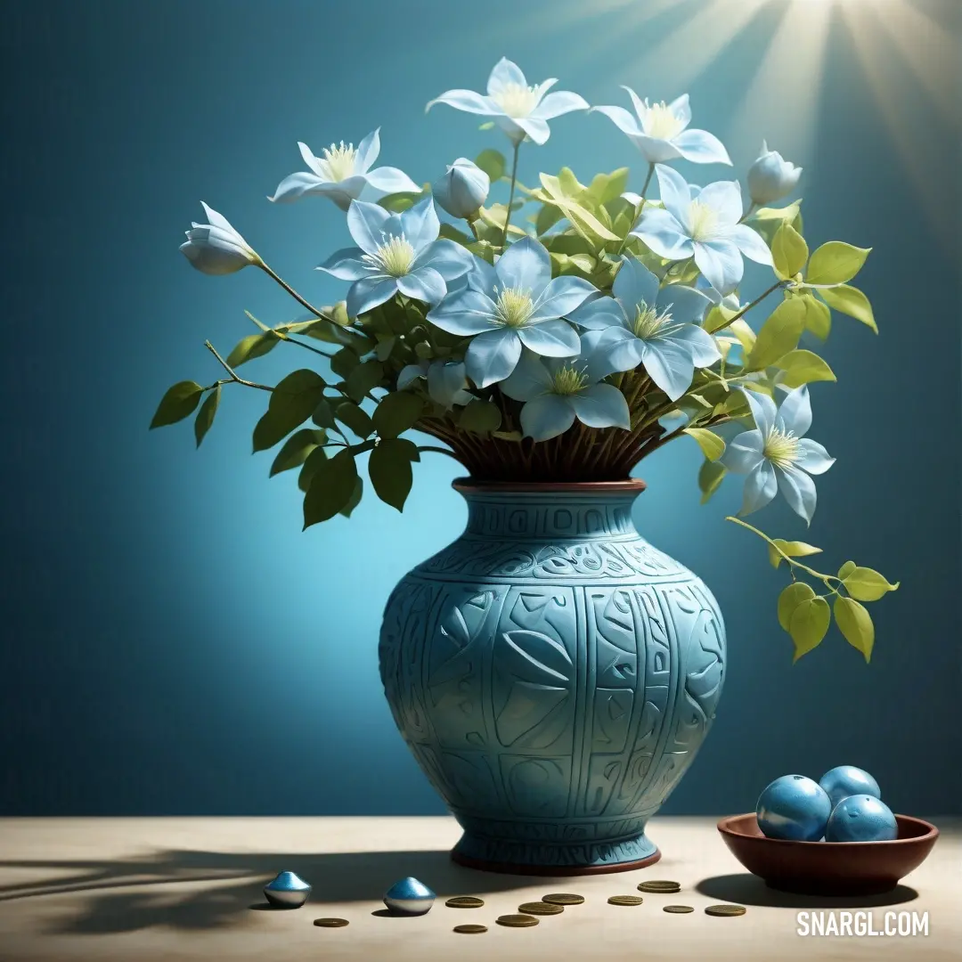 Blue vase with white flowers and blue eggs on a table. Color CMYK 23,3,0,10.