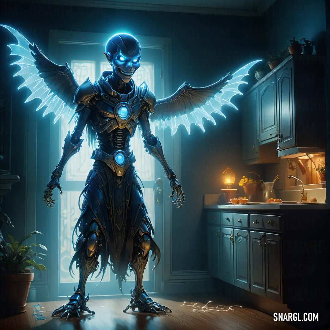 Futuristic woman standing in a kitchen with wings on her body and a glowing head and arm. Example of #B0E0E6 color.