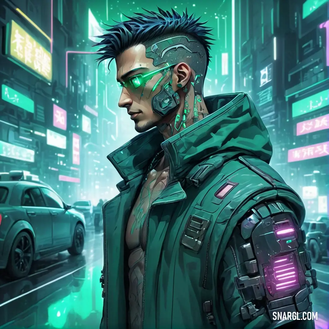 Man with a futuristic suit and a futuristic helmet on his head in a city street at night with neon lights