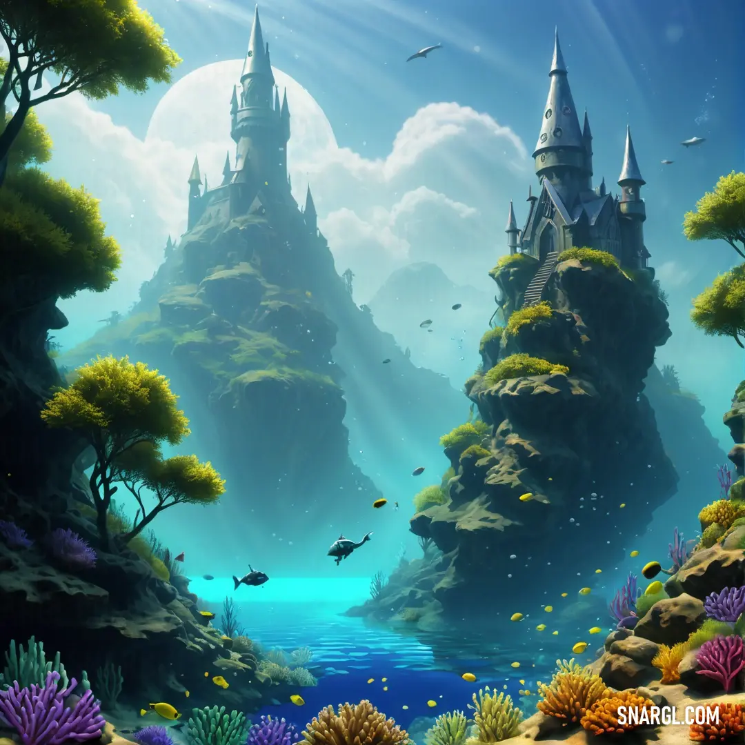 Painting of a castle in the middle of a sea with corals and other marine life around it