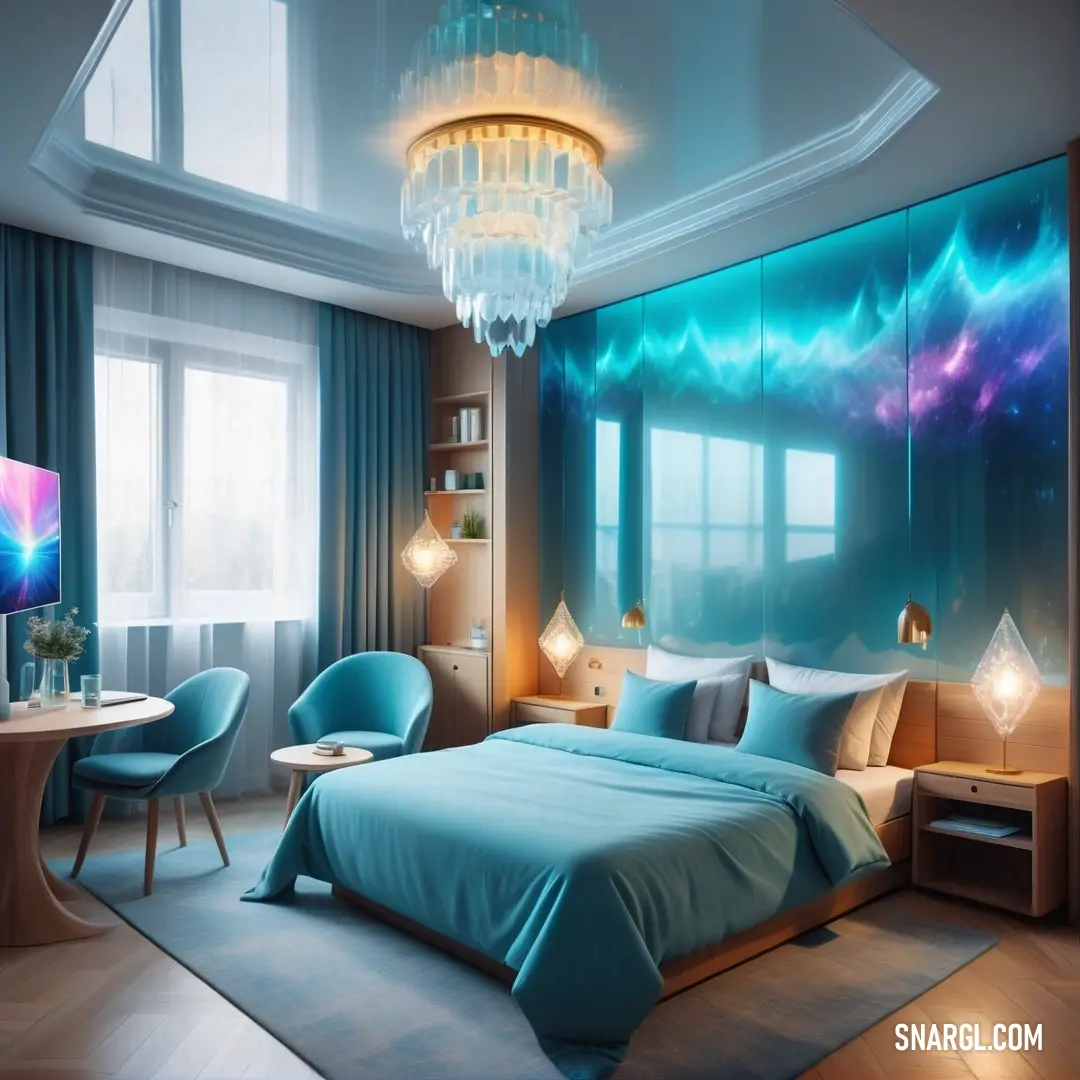 Powder blue color example: Bedroom with a large bed and a chandelier hanging from the ceiling and a large window with a blue curtain