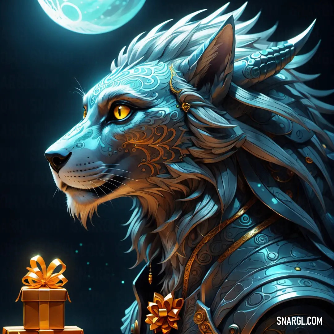 Powder blue color example: Blue wolf with a gift box in its paws and a moon in the background