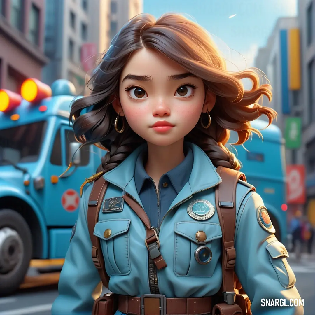 Powder blue color example: Cartoon character is standing in the street with a blue truck behind her