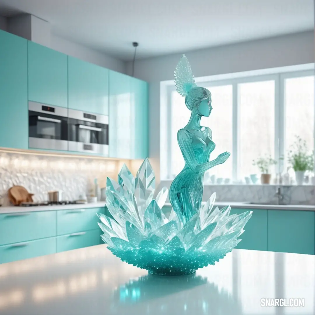 Glass statue of a woman on a flower in a kitchen area with a window in the background. Example of RGB 176,224,230 color.