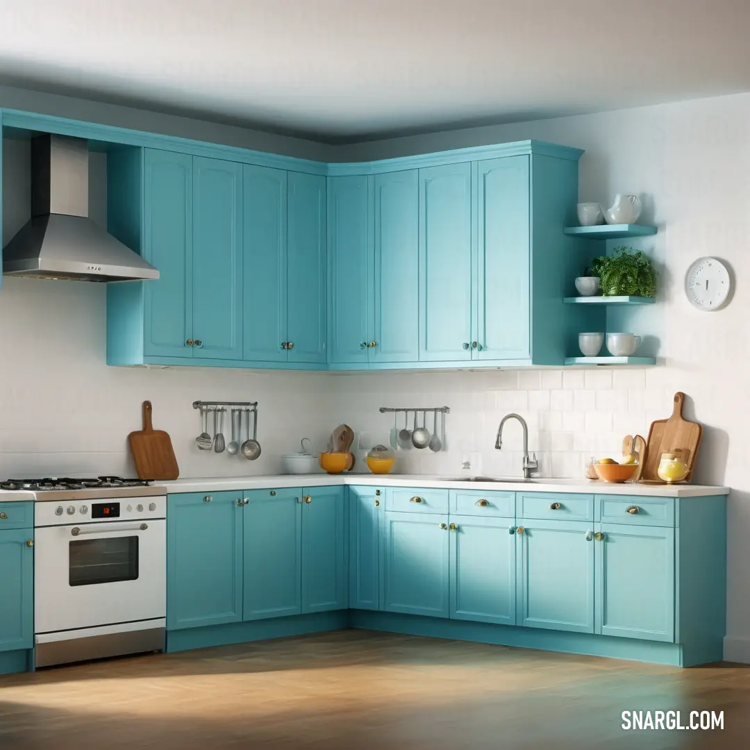Kitchen with blue cabinets and a white stove top oven and a wooden floor and a white wall with a clock. Color RGB 176,224,230.