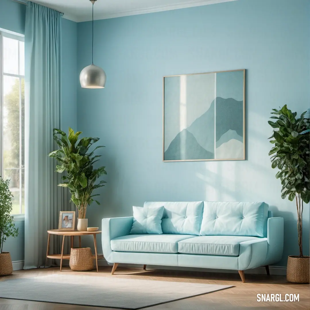 Living room with a blue couch and a potted plant in the corner of the room and a painting on the wall. Color CMYK 23,3,0,10.